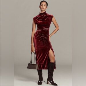 NWT Anthropologie Velvet Burgundy Sleeveless Midi Dress with High Neck
